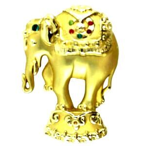 AJC Brushed Goldtone Circus Elephant Brooch Green Red Blue Rhinestones 2-1/4"